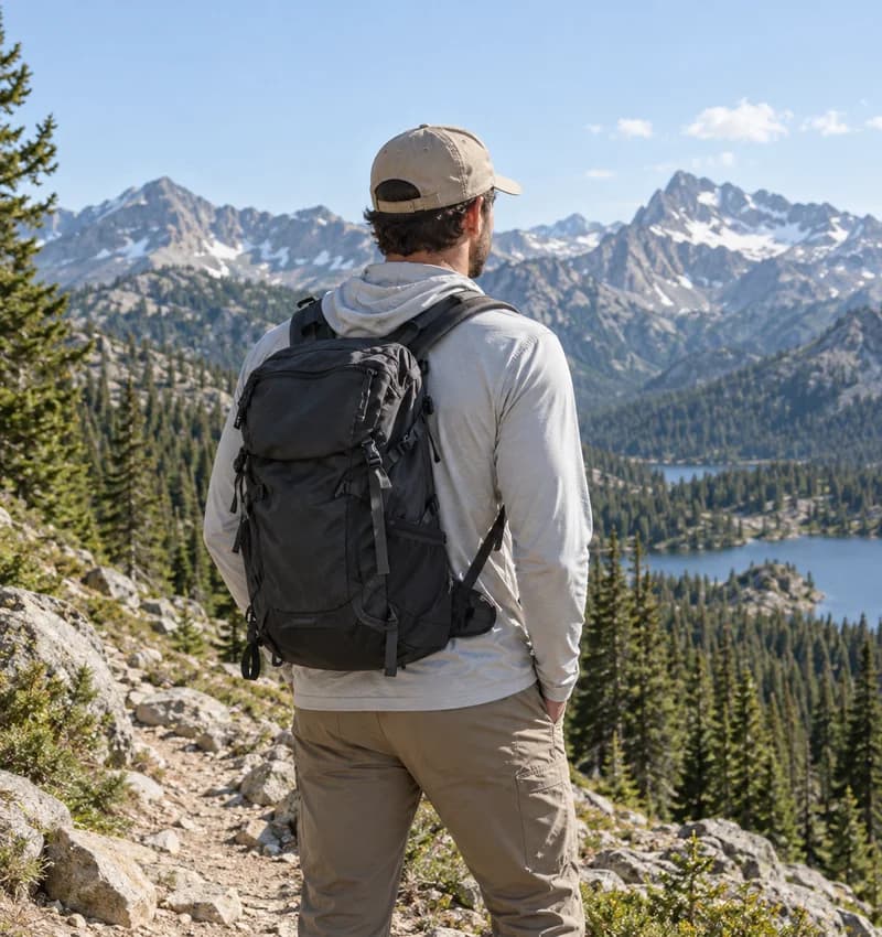 Illustrative hiker in a sun hoodie on a mountain trail