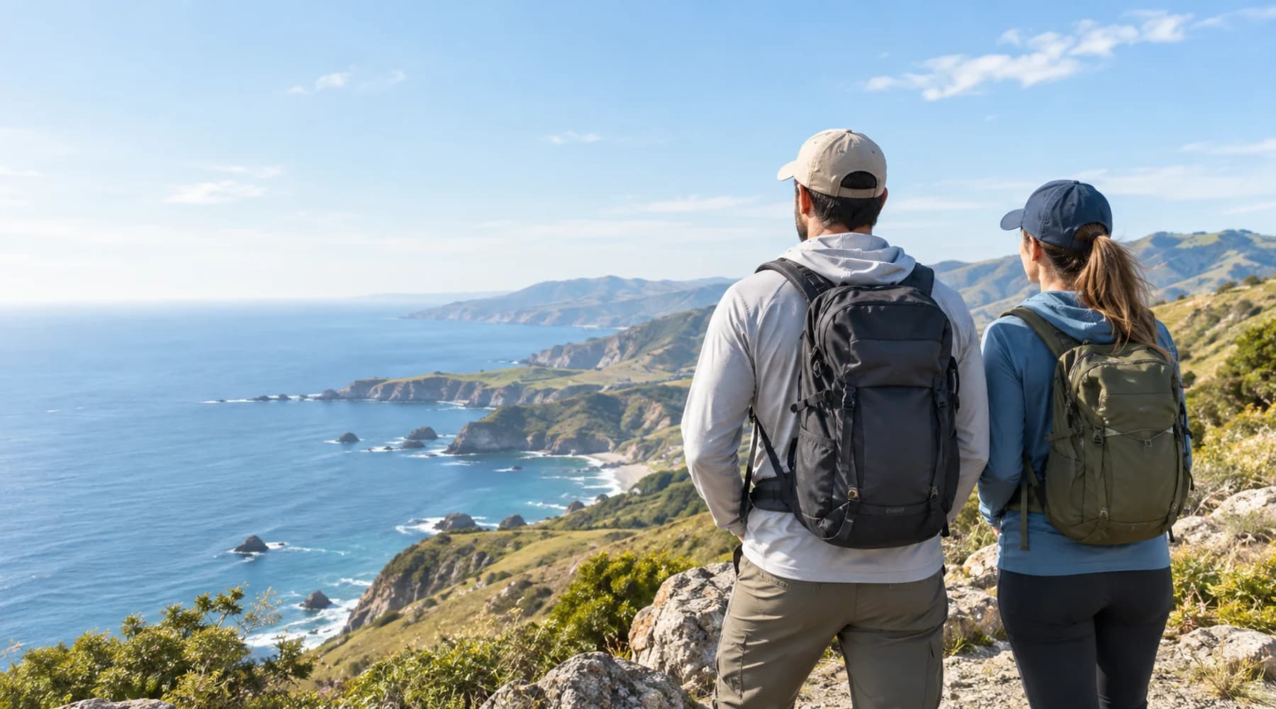 Illustration of two hikers in sun hoodies overlooking a sunny coastline